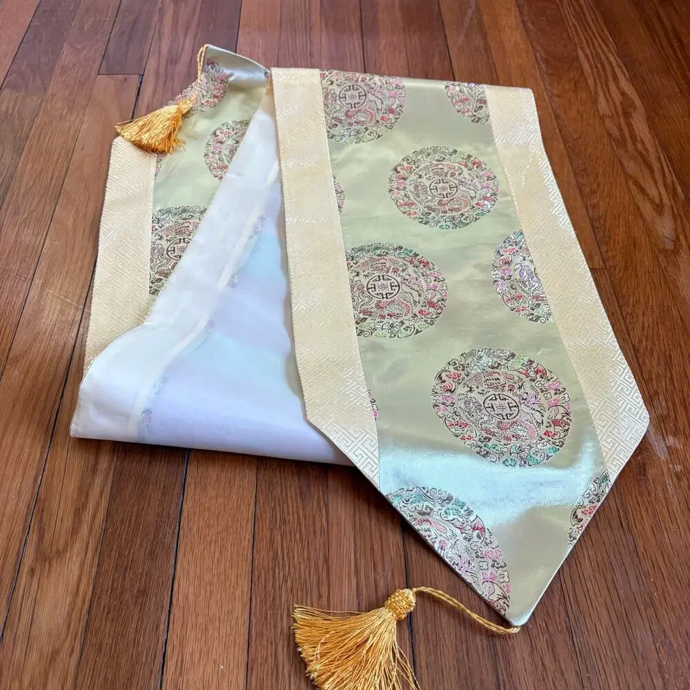 Vintage Asian Silk Brocade Table Runner Gold Tassels Chinoiserie
